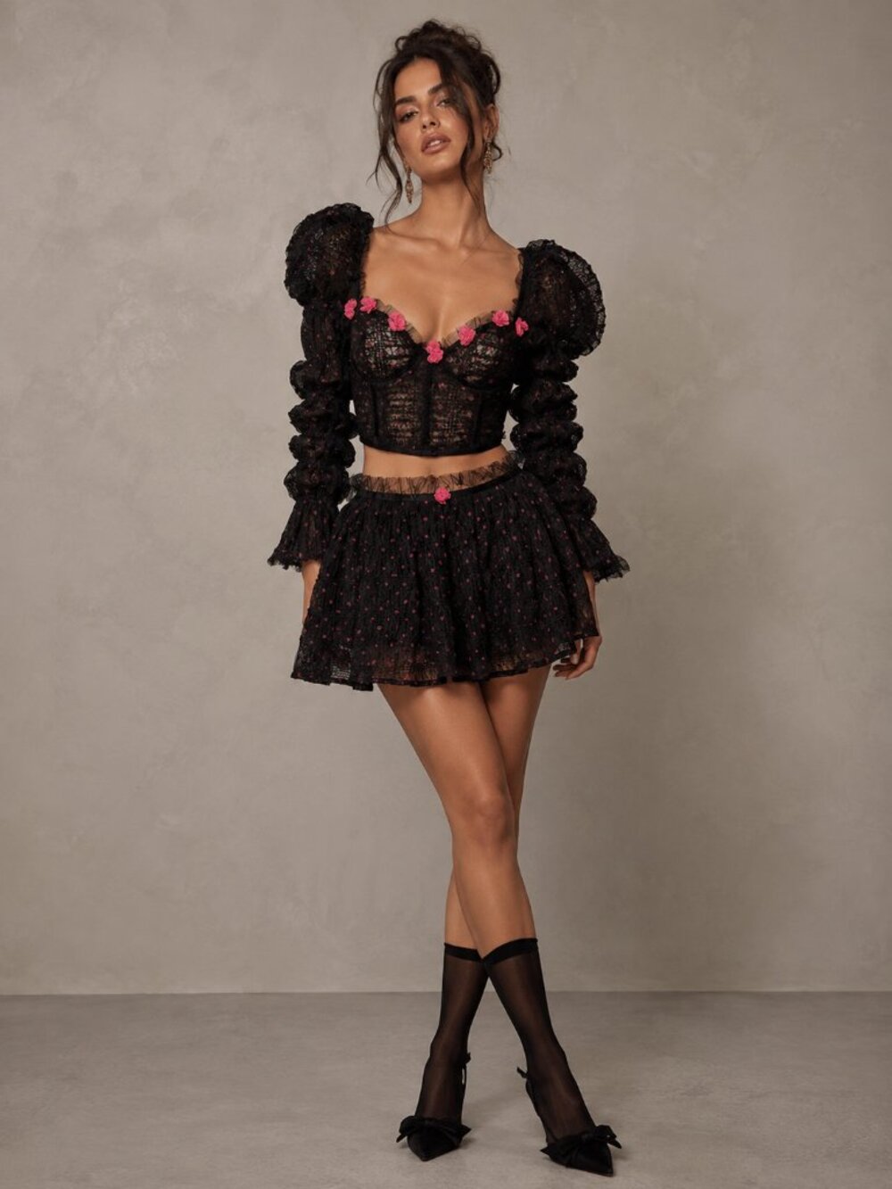 NEW For Love and Lemons romantic gothic coquette corset top mini skirt Set
